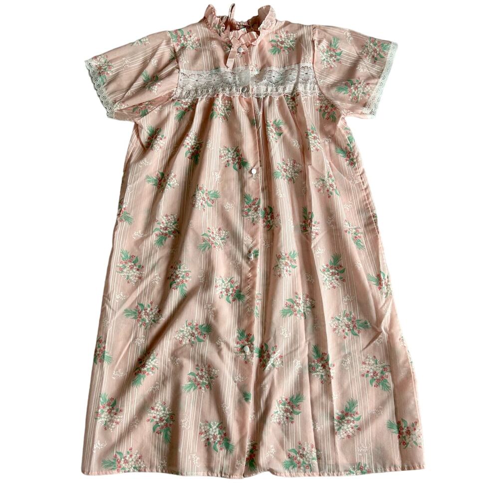 Vintage Ballet New York Pink Floral Nightgown Lace Yoke Short Sleeve Cottagecore - Picture 5 of 10